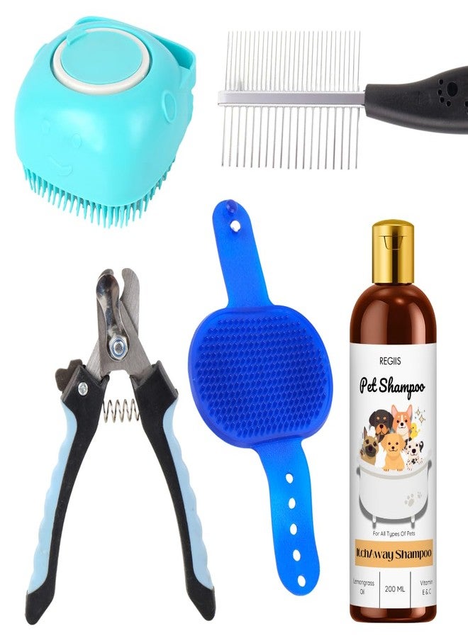 REGIIS Pet Grooming Kit, 5-Piece Dog Grooming Set with Shampoo, Silicone Brush, Comb, Nail Clipper, Blue Massage Tool for All Types of Pets(5 PACK) - Image 1